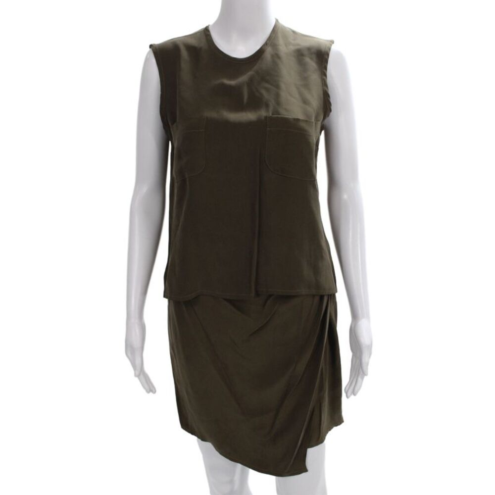 Country Road Womens Silk Sleeveless Basic Blouse Green Round Neck Button Size 4